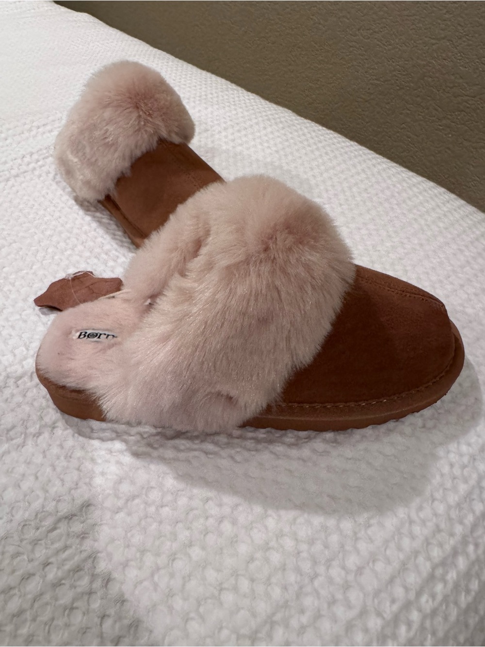 Born Women's Blush Faux-Fur Slide Slippers in Chestnut Suede